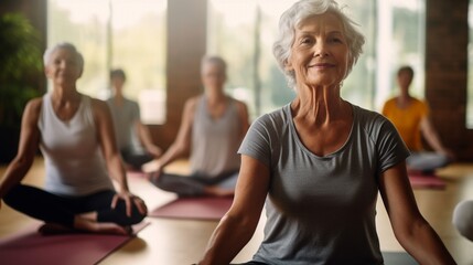 Pilates, wellness and group of senior women doing a mind, body and spiritual exercise in studio. Health, retirement and elderly friends doing yoga workout in zen class for peace, balance and fitness.