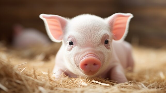Close up of a white cute baby pig pet lying and wrapped under soft knitted blanket. Funny baby animal portrait.