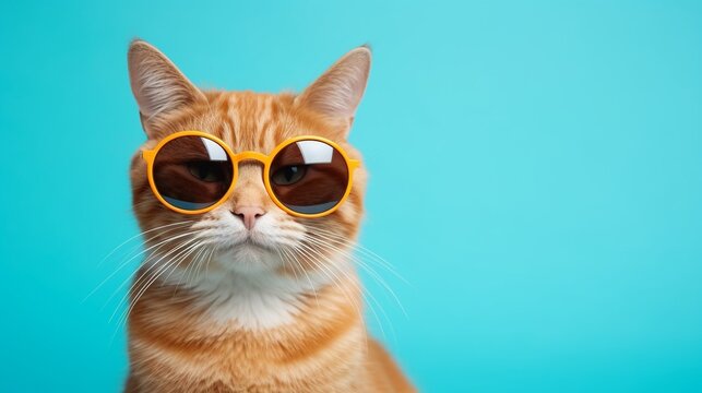 Closeup portrait of funny stylish ginger cat wearing sunglasses isolated on light cyan summer fresh background. Funny animal portrait with copy space.