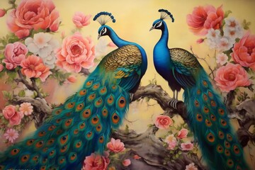 painting of a peacock bird in bright. beautiful colors among flowers. vintage drawing style