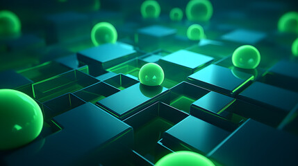 3d rendering of green and blue abstract geometric background. Scene for advertising, technology, showcase, banner, game, sport, cosmetic, business, metaverse. Sci-Fi Illustration. Product display