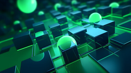 3d rendering of green and blue abstract geometric background. Scene for advertising, technology, showcase, banner, game, sport, cosmetic, business, metaverse. Sci-Fi Illustration. Product display