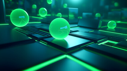 3d rendering of green and blue abstract geometric background. Scene for advertising, technology, showcase, banner, game, sport, cosmetic, business, metaverse. Sci-Fi Illustration. Product display