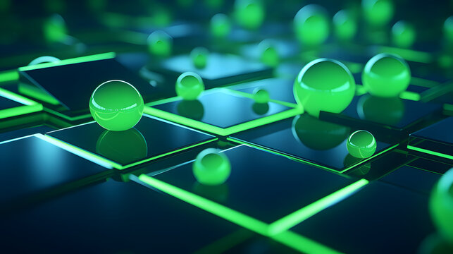 3d rendering of green and blue abstract geometric background. Scene for advertising, technology, showcase, banner, game, sport, cosmetic, business, metaverse. Sci-Fi Illustration. Product display