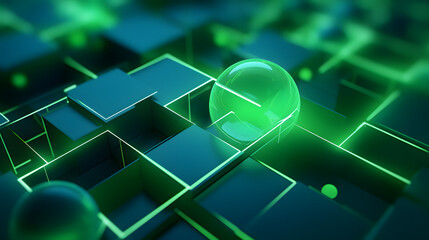 3d rendering of green and blue abstract geometric background. Scene for advertising, technology, showcase, banner, game, sport, cosmetic, business, metaverse. Sci-Fi Illustration. Product display