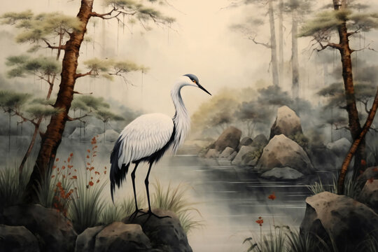 painted picture of heron in a pond