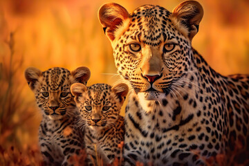 A leopard mother and her cubs.