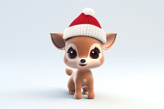 Cute little deer in a red hat. 3d illustration.