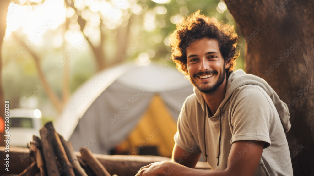 Wall mural Portrait of happy captivating young man enjoying camping in a beautiful outdoor landscape with natural lighting