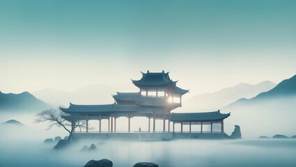 Traditional Chinese architectural landscape wallpaper - obrazy, fototapety, plakaty