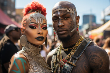 Couple of people with voodoo makeup, full-body tattoos, black african persons with afropunk or cyberpunk voodoo face tattooed - obrazy, fototapety, plakaty