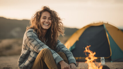 Portrait of happy captivating young woman enjoying camping in a beautiful outdoor landscape with...
