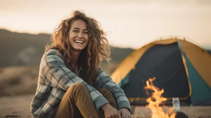 Poster Portrait of happy captivating young woman enjoying camping in a beautiful outdoor landscape with natural lighting © Keitma