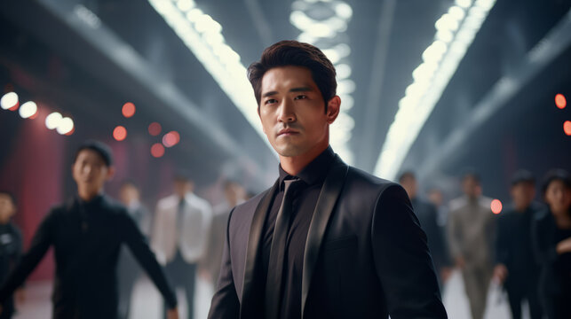 Young powerful and handsome Asian man wearing a suit followed by a group of people as the leader he is