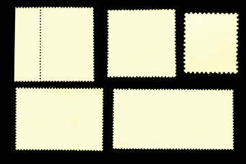 Set of blank postage stamps isolated on white background. Texture of paper. Template for graphic designers	