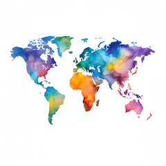 Colorful watercolor painting of the world map