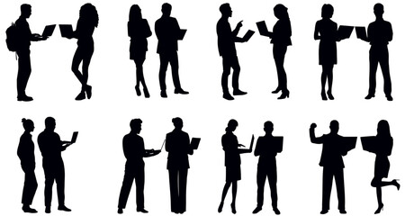 silhouettes of group people working on laptop.  standing business people set vector 
