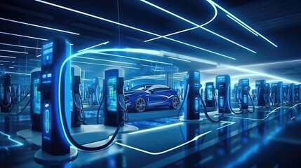 Electric car charging station, parking for electric and hybrid vehicles with chargers. Network of electric charging stations. Generative Ai