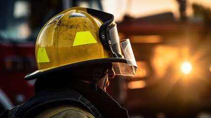Close-up of a lone firefighter's helmet. yellow helmet firefighter - obrazy, fototapety, plakaty