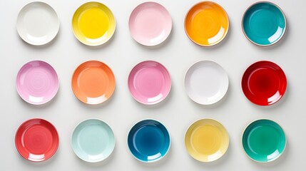 e joyful simplicity of a collection of colorful birthday plates against a pure white background, creating a visually striking and celebratory composition.