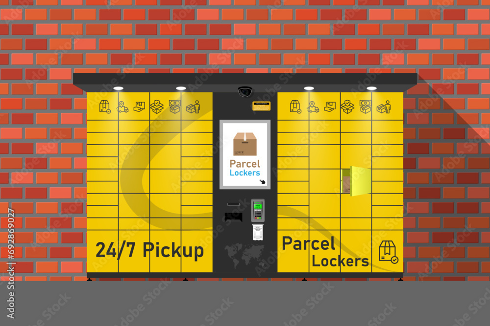 Poster Automated parcel locker with self-service terminal display and mailbox cells - modern method of delivery. Vector illustration