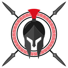 Black Spartan helmet with spears and shield with greece lambda symbol illustration vector - obrazy, fototapety, plakaty