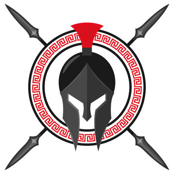 Black Spartan helmet with spears and shield with greece lambda symbol illustration vector