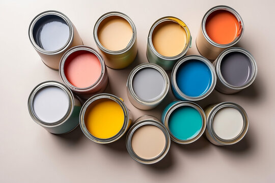 top view of open neutral color cans with paint on a light gray background