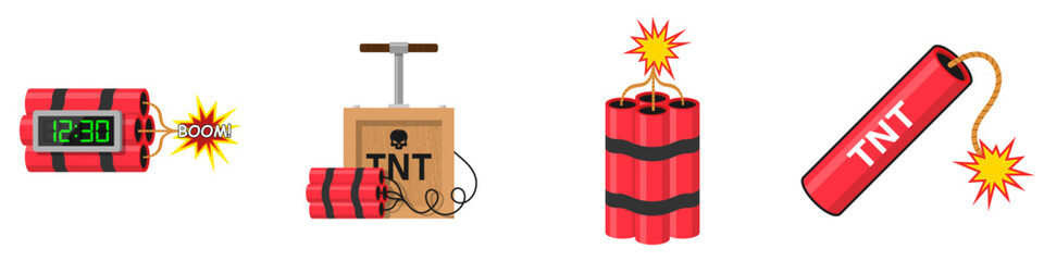 Set Tnt dynamite. Cartoon bomb with burning wick and explosive detonator, red stick mining blast charge, destroy firecracker fuse burning cable vector illustration
