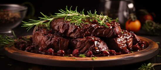 Marinated wild game in red wine sauce with herbs and garlic. - Powered by Adobe