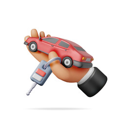3D Car and Keys with Alarm in Hand. Render Realistic Car. Classic Sedan Motor Vehicle. Plastic Toy Auto. Advertising For Driving School Carsharing and Repair Service. Cartoon Vector Illustration