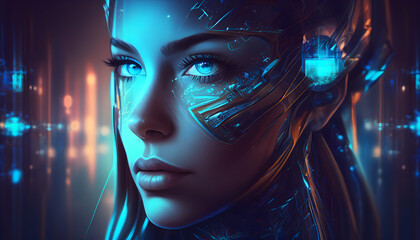 Generative AI illustration of futuristic woman cyborg with blue light on eye scanning retina...