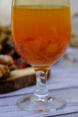 Jamu Kunir Asem is is a traditional Javanese herbal drink made from turmeric, tamarind, brown sugar, and water. This yellow drink is believed to have health benefits and can boost the immune system. 