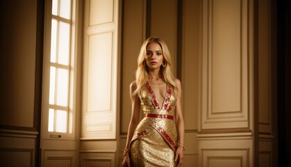 Fototapeta premium Beautiful Italian model in a fashionable dress, cinematic shot