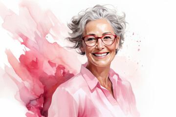 Mature, woman and watercolour portrait illustration on a white background for cancer, health awareness and support. Happy, beautiful and colourful sketch for creative poster and card design artwork
