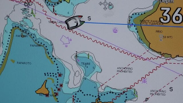 View of electronic nautical chart with boat position marked, Bora Bora