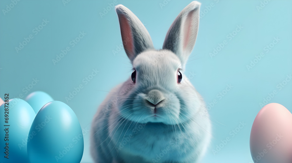 Wall mural cool rabbit with easter eggs on light blue background