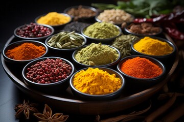 Variety of spices and herbs on kitchen table. Generative Ai. 