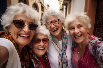 Elderly woman happy selfie with her friends
