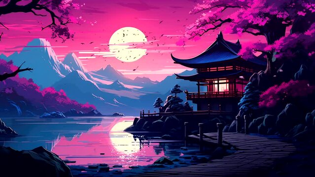 Beautiful scenery of asian temple with sakura cherry blossom tree, lake, japan, korean, chinese of  mountains Cartoon anime illustration style. seamless looping video animation background. 