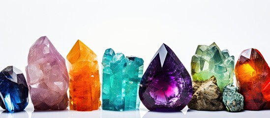 A collection of colorful gem crystals, like peridot, sulphur, garnet, rhodochrosite, amethyst, and...