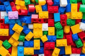 Close-up of flat lay of plastic toy block. Modern design background