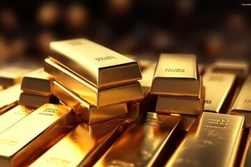 Gold bars lying on top of each other on a dark background