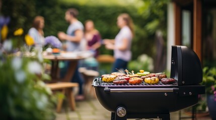 Barbeque grill in the garden and blurred friends in background  - obrazy, fototapety, plakaty