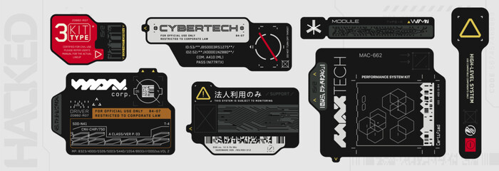 Cyberpunk decals set. Set of vector stickers and labels in futuristic style. Inscriptions and symbols, Japanese hieroglyphs for Corporate use only - obrazy, fototapety, plakaty