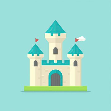 Flat illustration of a fairytale castle in the sky. Magic world. Simple illustration, graphics, of a castle and rook tower. Red flags. Game design. Kingdom. Princess. Cloud. Adventures. Game level 