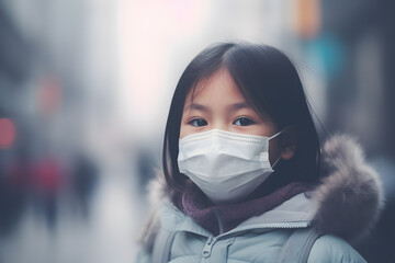 Young Asian girl child with medical face mask with city covered in smog haze in background - obrazy, fototapety, plakaty
