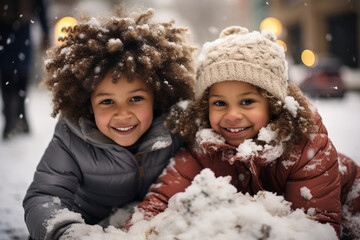 Children of different nationalities enjoying a magical winter wonderland on New Year's Eve, as they build snowmen and play in the snow. - obrazy, fototapety, plakaty