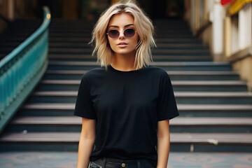 photography Street style clothing urban posing glasses tshirt black wearing girl blonde Stylish t-shirt woman female adult attractive background beautiful beauty blank blond casual attire caucasian