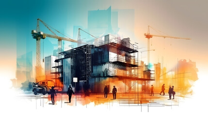 illustration digital building construction engineering with double exposure graphic design. Building engineers, architect people or construction workers working with modern civil equip. generative AI.